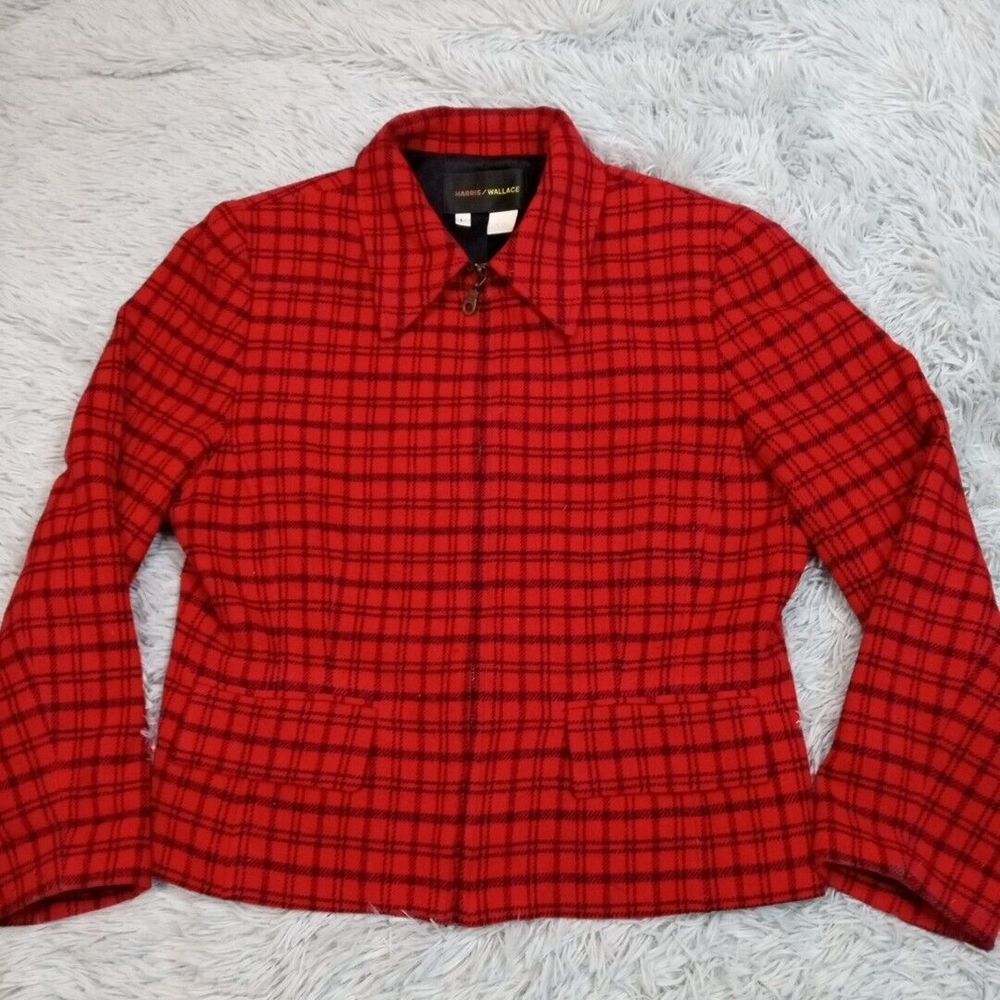 Vintage Harris Wallace Jacket Womens L Red Wool Blend Coat Plaid Faux Pockets